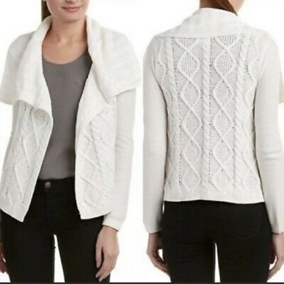 CAbi #193 White Cotton Cable Knit Open Front Cardigan Sweater‎ Womens Size M - Picture 1 of 11